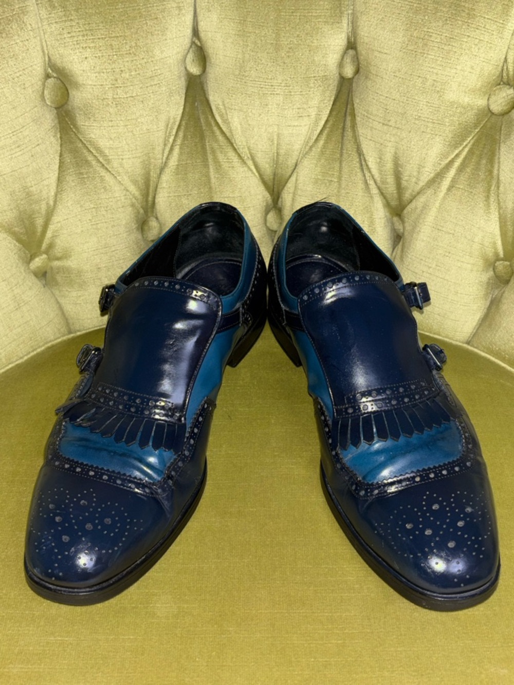 Prada Men's two tone navy blue shiny Leather Dress Monk Shoes w/ Tassel size 7 - Picture 8 of 10